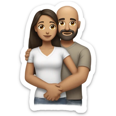 Comforting hug from brunette Puerto Rican with dark brown eyes to short, bald man with brown eyes and a beard sticker
