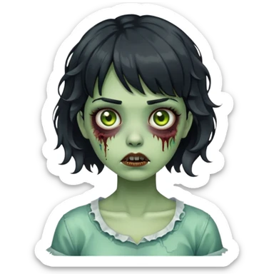 zombie girl with short wavy hair and black bangs, greenish skin sticker