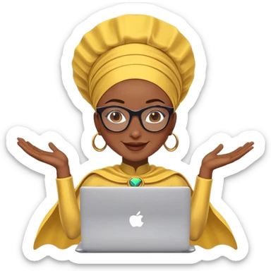 create a african superhero woman, smiling, wearing glasses, wearing gele on her head, with laptop in hand, flying, make sure background is white sticker