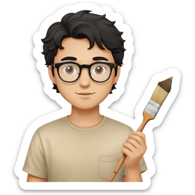 Young caucasian man with black wavy hair, round glasses, beige painting shirt, holding a square paintbrush sticker