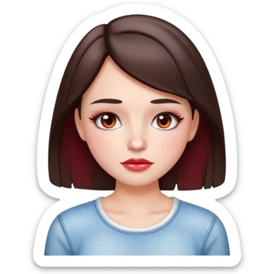 “Emoji brunette girl white top, dewy skin, heavy blush across cheeks and nose bridge, glossy cherry lips, soft eyeliner, teary sparkling eyes like hanni from new jeans sticker