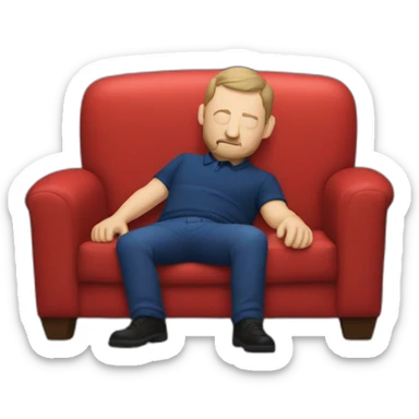 tim robinson laying down on a red couch in a dark dark blue polo shirt, chest up sticker