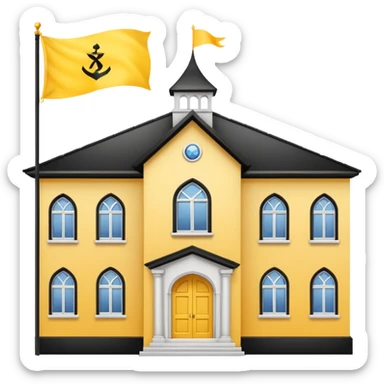 white background, magic school, black roof, with a big flag, big flag on a roof, big yellow flag, white school sticker