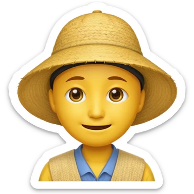 Yellow emoji smiley face with stereotypical Chinese facial features and rice farmer hat. Eyes very narrow sticker