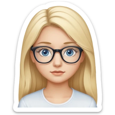 Fille 20ans qui a des cheveux long et blond  avec des lunettes et des yeux bleu- gris avec du mascara sur les yeux et un haut blanc sticker