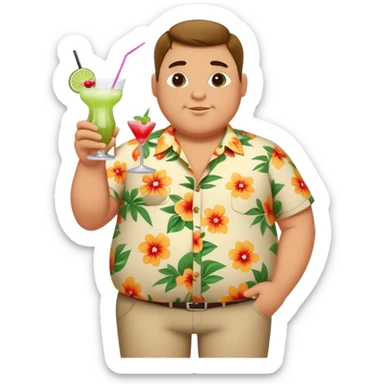 chubby guy full figure in a flowered shirt holding a cocktail sticker