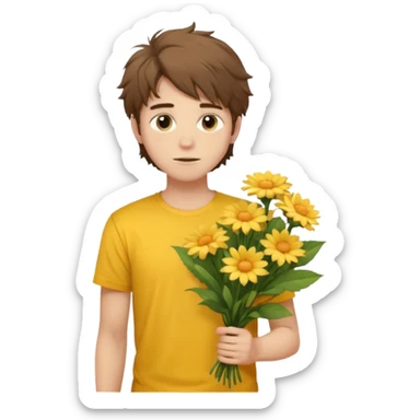 generate an ios genmoji of a 20 year old fair boy with brown long and messy hair with stubble on cheeks. should look like he cant grow a mustache., carrying a flower bouquet, wearing a yellow tshirt, looking shy sticker