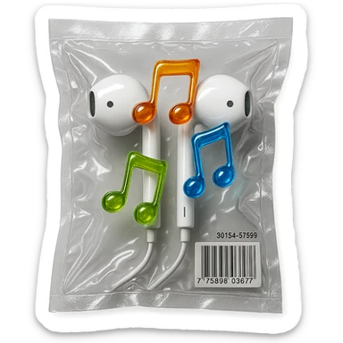pair of white EarPods with exactly three floating multicolored glassy music notes, shiny and inflated sticker