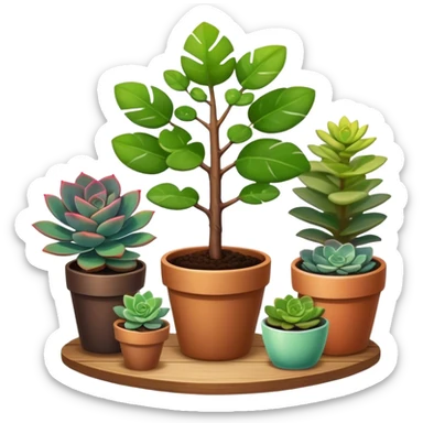 Close-up of a potted sapling being nurtured in rich soil, surrounded by vibrant plants and succulents. Sunlight filters through the window, casting soft shadows. Cozy indoor garden with gardening tools placed neatly on a wooden table. sticker