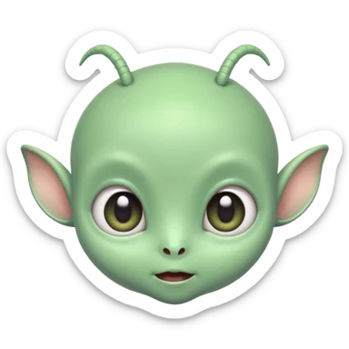 ortrait of a cute alien with round head, big shiny eyes, pastel green skin, small antennae, friendly expression, cartoon style sticker
