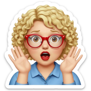 Blonde woman with short curly hair, slightly overweight, wearing red-framed glasses, shouting with hands on both sides of her mouth sticker