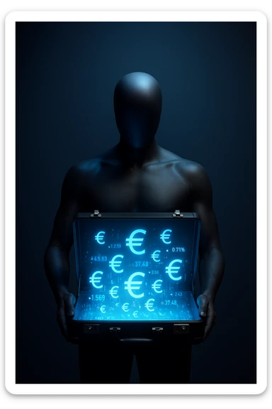 Faceless mannequin holding an open glowing briefcase filled with holographic euro signs and digital stock tickers. Large empty gradient background above for text. Strong cinematic lighting. sticker