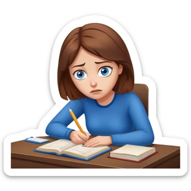 female writer, romantic, with brown hair, fair skin and blue eyes writing a book with a worried face sticker