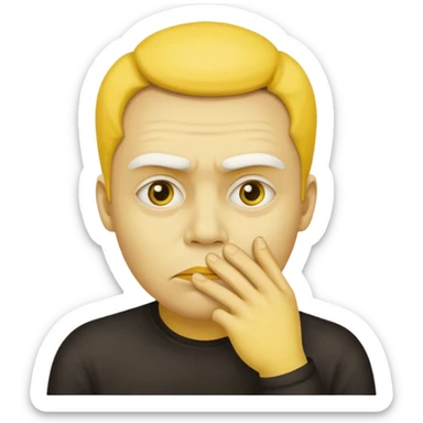 thinking face emoji, yellow face, furrowed brow, hand on mouth sticker