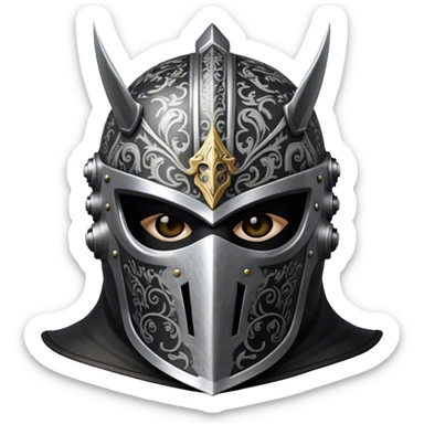A masked man knight with intricate black engravings on his steel helmet, eyes glowing with fury sticker