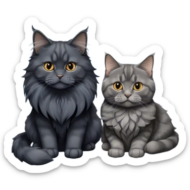 Portrait of a black smoke Maine Coon cat with long grey ear tufts, alongside a British Shorthair cat with a solid blue coat on sofa. Both cats with detailed fur textures and playful expressions. Soft, elegant background of room with warm, natural tones. Transparent background. sticker