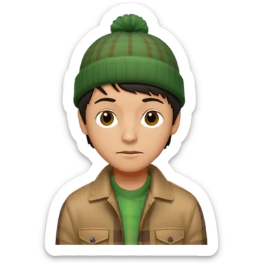 young man with longish black Beatle haircut, brown eyes, tan complexion, green beenie hat, tan jacket, checked shirt , pork chop sideburns sticker