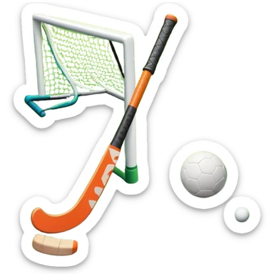 A field hockey stick and ball resting on a well-maintained green grass field, with the goalposts and markings visible in the background. The scene highlights the precision and focus of the sport, with the vibrant green pitch creating a dynamic atmosphere. sticker