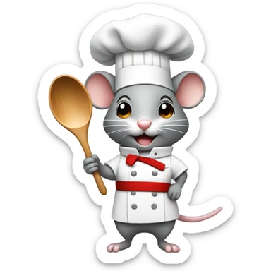 cute grey mouse wearing a chef’s hat holding a wooden spoon on one arm and a salad on the other  sticker