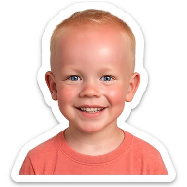 young blonde boy with blue eyes, big forehead, smiling, pale skin with slight red tint from tanning bed sticker