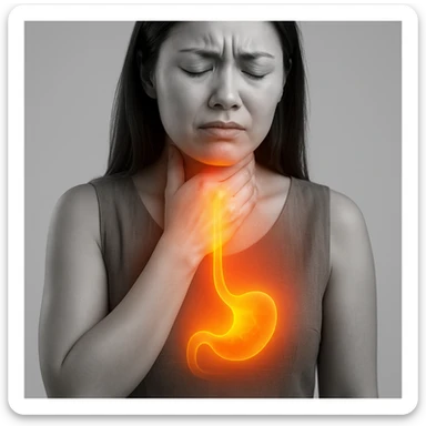 Realistic medical style image of a woman identical to the reference photo, hand on throat, expression of discomfort, with a glowing or shining effect rising from the stomach to the esophagus. sticker