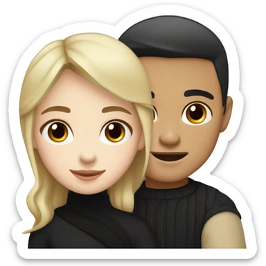 Blonde girl with blue eyes in black sweater and an east asian with light skin man with black hair and black eyes hugging sticker