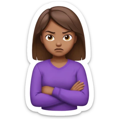 Girl with brown hair crossing arms in front of her chest and making an angry face with a purple longsleeve shirt on and be more pouty sticker