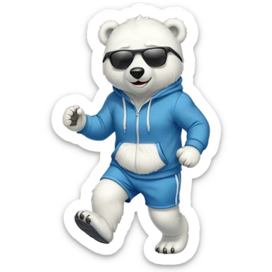 friendly anthropomorphised polar bear jogging upright wearing a hoodie and shorts, dark sunglasses sticker
