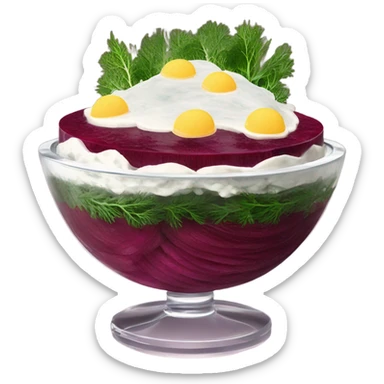 Shuba russian Layered Beet dish  with Herring and mayonnaise in Crystal bowl, dill on top  sticker