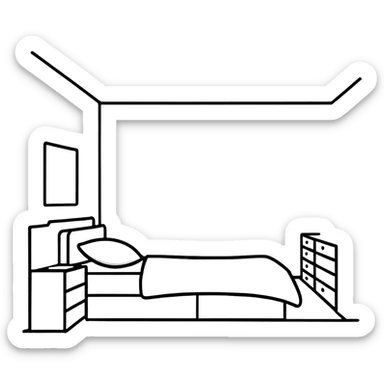 minimalist white teen bedroom with white vanity, white desk, white bed frame, and green plants sticker