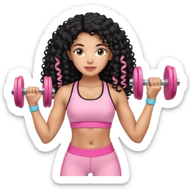 Mixed-race woman with caramel skin, long jet black curly hair, wearing pastel pink sportswear, lifting soft beige dumbbells sticker