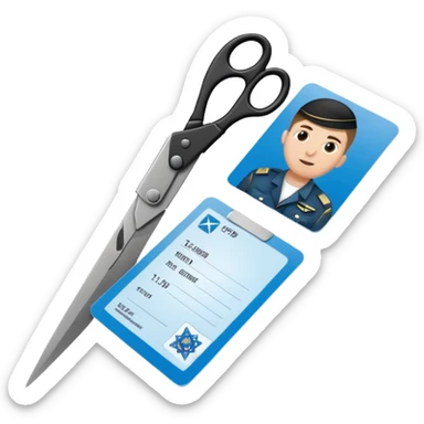 Floating black Scissors cutting in half an idf soldier ID card with a little chip in 2 parts sticker