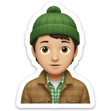 young man with longish black Beatle haircut, brown eyes, tan complexion, green beenie hat, tan jacket, checked shirt , pork chop sideburns sticker