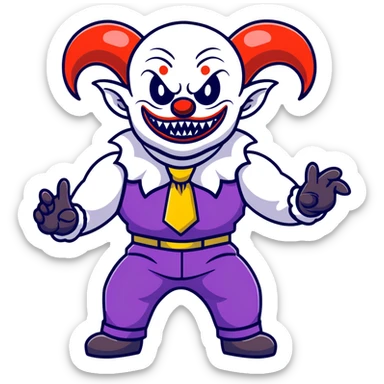 full-body muscular demonic clown in black and white leisure suit with bellbottom pants, bald, black ram horns, flashy black and white belt, ruffled white shirt, no neck tie, large fangs, cartoon sticker style sticker