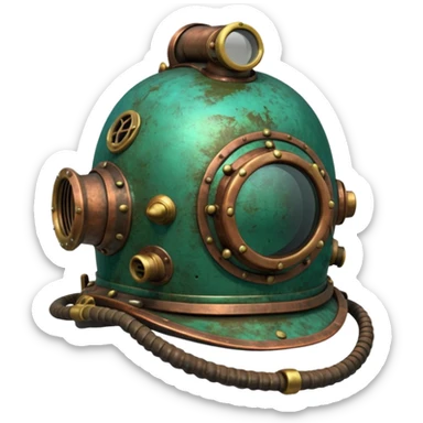 3D render of Antique Diver Helmet, heavily oxidized copper texture, verdigris patina, Bronze helmet with heavy green crust, weathered bronze aesthetic, ancient decay, emoji style, isolated on white background --v 6.0. sticker