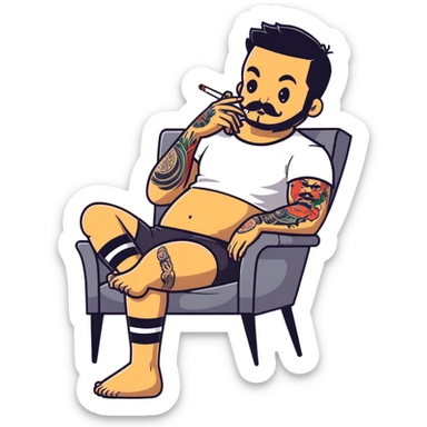 Heavy-set man leaning back in chair with legs spread showing tattooed left calf, smoking cigarette, exposed belly, round face, short black hair, well-groomed short beard with small mustache, black t-shirt with light stripes on top portion, sleeves rolled up, black shorts, arms and left calf decorated with matching black graphic tattoo patterns sticker