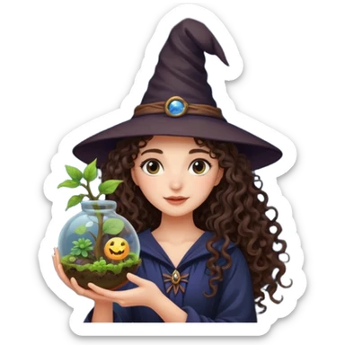 A long curly haired brunette girl with a moon, witch hat, holding a plant terrarium sticker
