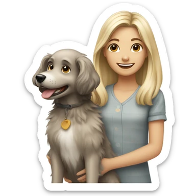 smiling girl in outdoor dress holding a scruffy dog with gray and blonde fur sticker