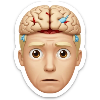 a worried blond man that dont know what to do and with the brain out of your opened head sticker