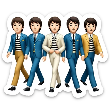 Cinematic Realistic The Beatles Abbey Road Scene Emoji, depicting the legendary band of four crossing the iconic zebra-striped street in their classic outfits, exuding effortless charisma and musical legacy. The scene is bathed in warm, nostalgic lighting with rich textures that capture the essence of 1960s rock history. sticker