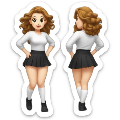 alistic-full-body-caucasian-curvy-beauty-jumping-short black-skirt-back-and-front-views-strong-wind-knickers-long-white-socks sticker