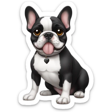 A french bulldog with black and white colors, one eye black, like a pirate, sitting on the ground, making a heart emoji sticker