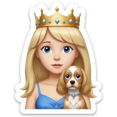 simple Blonde girl bust with bangs, long straight seductive hair and blue eyes, and a simple crown. giving cockerspaniel energy sticker