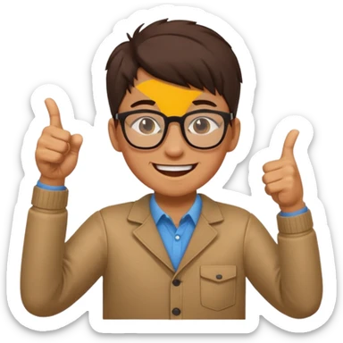 un estudiante que este parado con sus lentes guiñando el ojo y CON LAS MANOS HACIA ARRIBA DANDO LIKE sticker