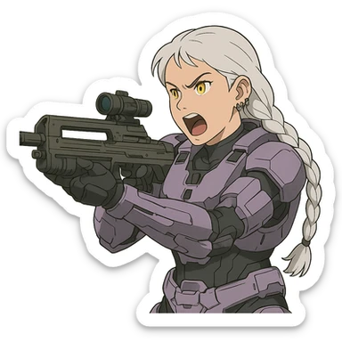 female, wearing reach spartan armor default, long white braid hair, gold yellow eyes, attention pose, halo series, no helmet, the armor is lavender color scheme, shoulder pad off. DDD bust size fitting. Punk gothic cyberpunk, brandishing a dmr, aiming down the sights and yelling sticker