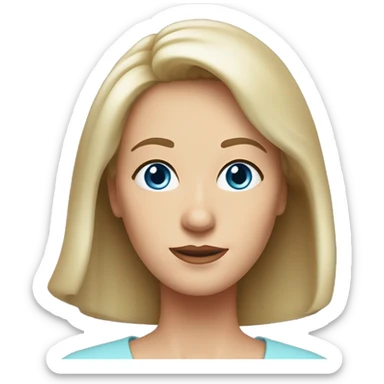 widow with blonde, medium length hair with wispy bangs all across forehead and sides swept back from face, blue eyes,  60 years old, 180 pounds sticker