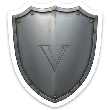 a steel shield with engraved roman letter NOVUS—looks battle worn sticker