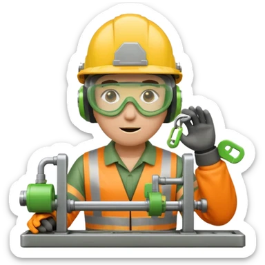 modern emoji-style icon of factory worker in full PPE helmet goggles gloves operating lathe with transparent safety barrier green padlock symbol overlay small warning signs yellow orange gray green industrial safety sticker