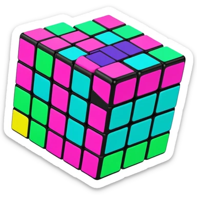 A 3x3 Rubik's Cube in mid-turn, showing movement, with vibrant 90s American colors like neon green, purple, turquoise and hot pink sticker