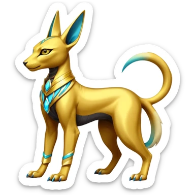 Modern futuristic shiny colorful Anubis-Sphynx-Lombax-Zeraora-Renamon-fusion (full body) sticker